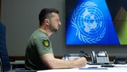 Президент Украины Владимир Зеленский во время выступления на заседании Совета Безопасности ООН по видеосвязи. Киев, 24 августа 2022 года