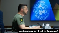 Президент Украины Владимир Зеленский во время выступления на заседании Совета Безопасности ООН по видеосвязи. Киев, 24 августа 2022 года